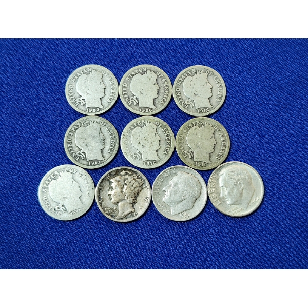 x10 Assorted Years Barber, Mercury Head, and Roosevelt 90% Silver Dimes FV: $1.00
