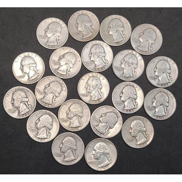Assorted Years/Mint Marks 90% Silver Washington Quarters - Face Value: $5.00