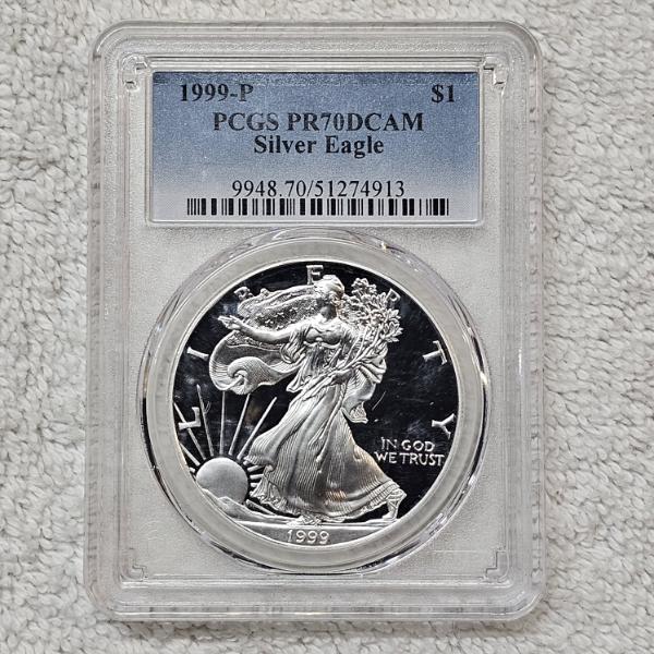 1999-P 99.9% Pure Silver $1 American Silver Eagle Proof Coin graded in flawless PR70DCAM by the PCGS