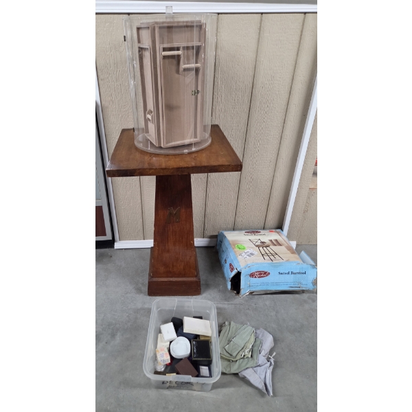 Solid Wood Table, Plastic Jewelry Display Case, New In Box Barstool & More -No Shipping Available