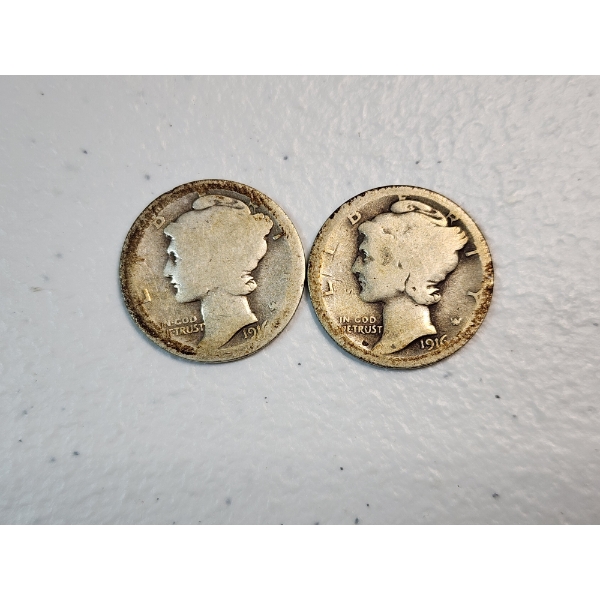Two 1916 90% Silver Mercury Head Dimes FV: $0.20