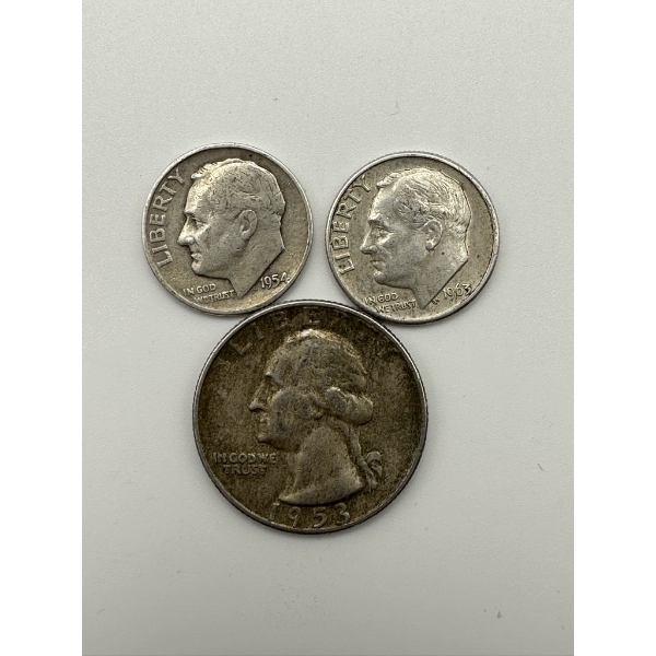 (2) 90% Silver Roosevelt Dimes & (1) 90% Silver Quarter - Face = 0.45