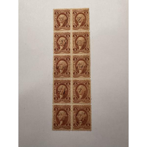 Rare Civil War 1862 Five Cent U.S. Washington Revenue Stamps - Block Of 10 - Excellent Condition