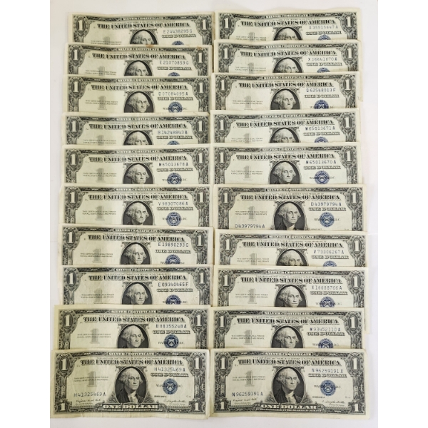 Lot of 20 United States Blue Seal $1 Silver Certificates - Face Value $20.00