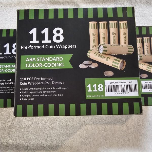 Three Boxes of (118 Pieces) Pre-formed Coin Wrappers Roll-Dimes ABA Standard Color-Coding