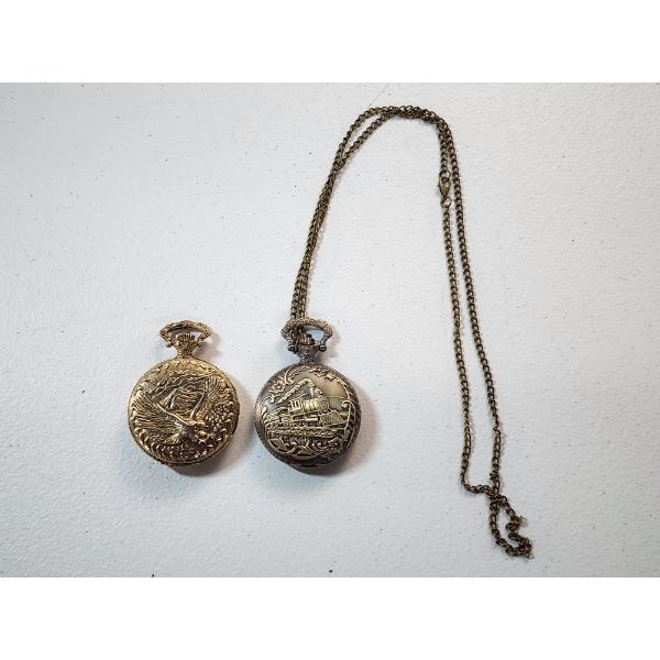 Two Commemorative Pocket Watches: Statue of Liberty & Railroad 