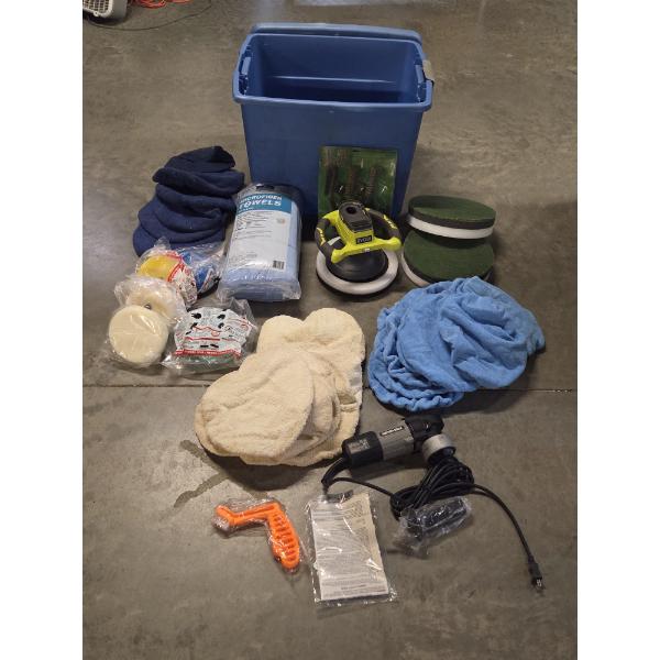 Porter Cable & Ryobi Polishers With Tons Of New Pads & Disks In Storage Tote 