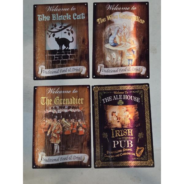 Four Brand New Tin 12''x9'' Decorative Welcome Signs Including Irish Pub, Black Cat & More