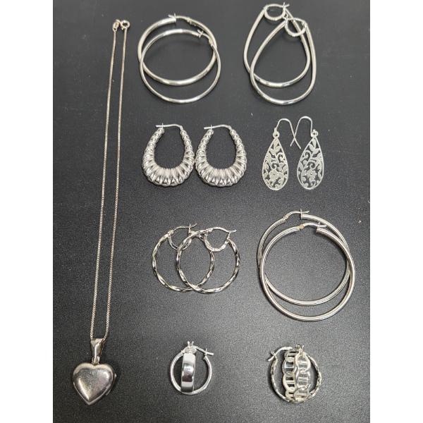 Sterling Silver Group Featuring, A Beautiful Heart Locket On 18'' Chain, And Eight Pairs Of Fabulous