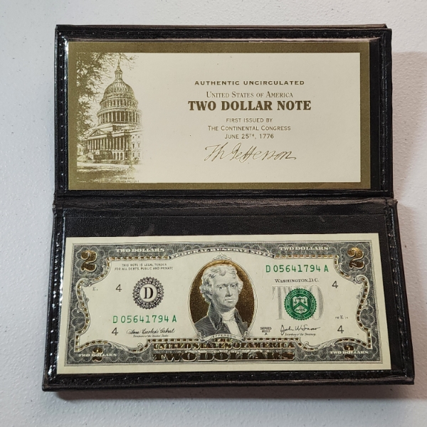 Authentic Uncirculated U.S. $2 Note with Gold-Tone Accents in Nice Leather Holder 