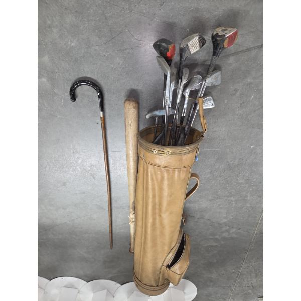 Antique Golf Bag And Clubs, Plastic Indians Bat, Vintage Cane & Baseball Bat