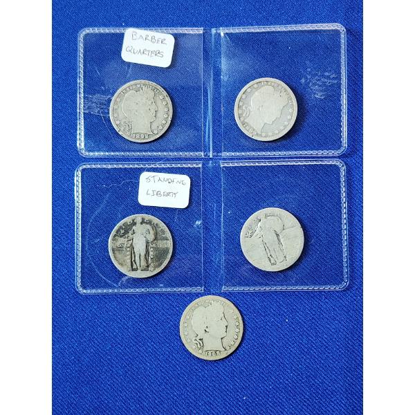 x5 Assorted Old U.S. Silver Quarters: 1892, 1899, 1908 Barber & Unknown Year Standing Liberty