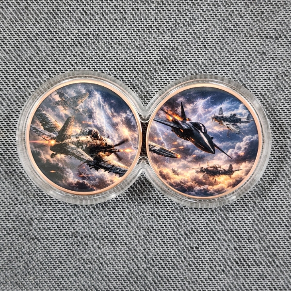 Incredible 2 Coin Display Case Ft. Two Separate 1 Oz Copper Rounds Each FT. Fighter Jets ~ Two Oz's!