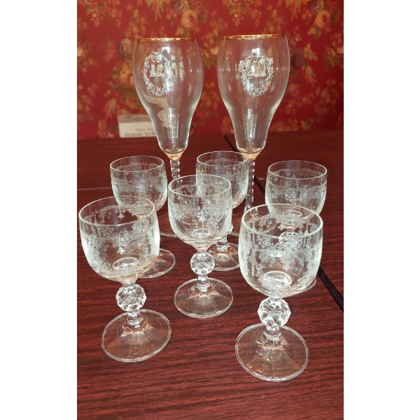 Quantity 6 - Clear 8" Cordial Glasses  Plus 2 Tall Bride & Groom Toasting  Glasses As Shown