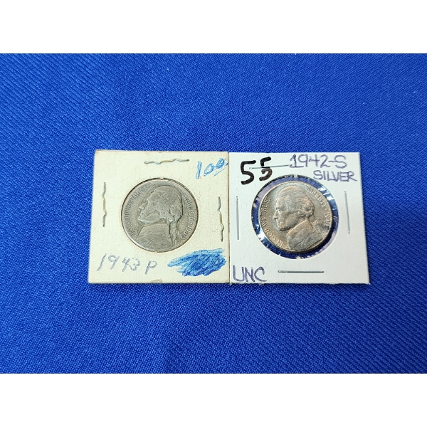 2- 35% Silver Jefferson Nickels: 1943 and Uncirculated 1942-S