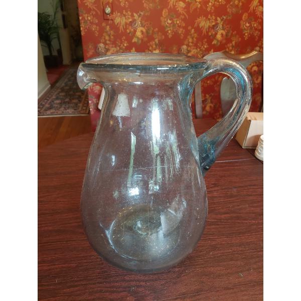 Hand Blown Blenko large Blue Tinted Seedy Glass Pitcher - 13" x 9" - Pontil At Bottom - In Excellent