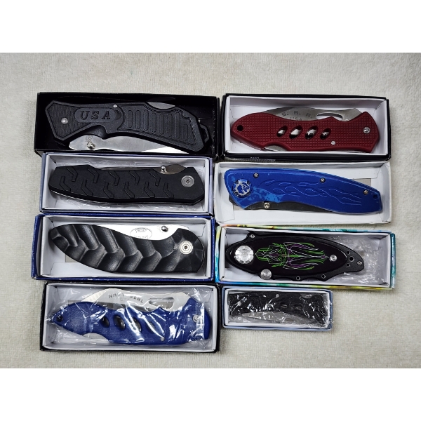 Eight Assorted Mostly New in the Box Pocket Knives Ft. Navy Seal, USA & More!