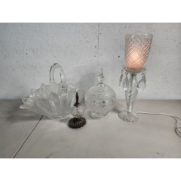 Lot of Assorted Glass Crystal Items: Candy Bowl, Working Lamp, Glass Basket