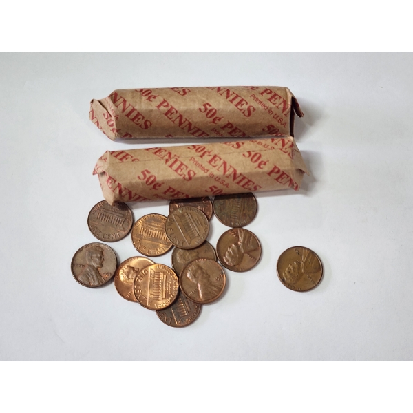 Two Unsearched Rolls and (13) Loose Lincoln Memorial Cents Face Value ~$1.13