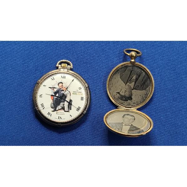 Waltham Norman Rockwell Collection Swiss Made Quartz Pocket Watch & Brass Picture Locket