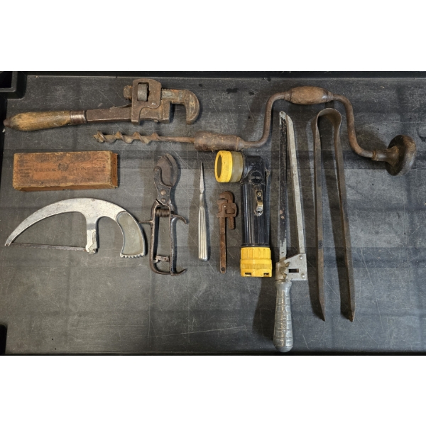 Assorted Vintage Tools incl a Sharpening Stone, Hand Drill and more