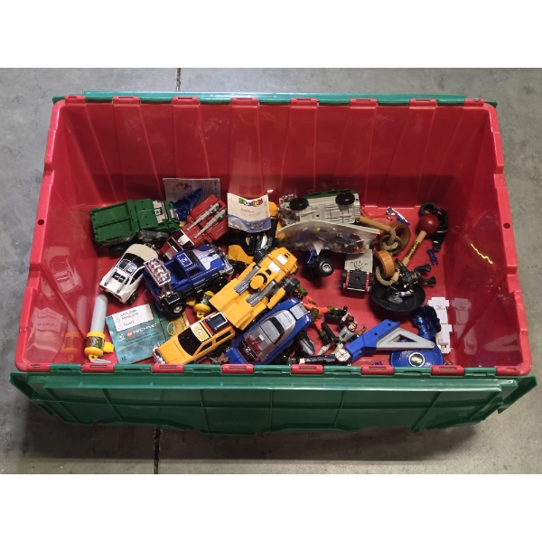 Large Storage Bin With Vintage Toys Including Lego People, Transforming Robots & More