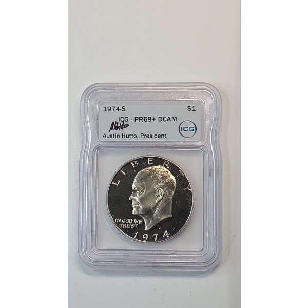 ICG 1974-S PR69+ DCAM Eisenhower 40% Silver Dollar Signed By Austin Hutto ICG President