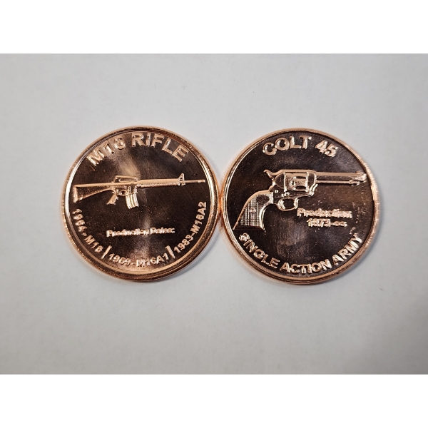 2 - 1 AVDP Ounce .999 Fine Copper Rounds: Colt 45, & M16 Rifle Designs (2 oz Total) Mint Condition