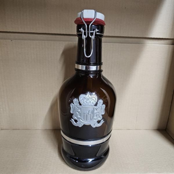 Vintage 13" Muster Geschützt German Amber Glass 2L Beer Growler With Metallic Crest Coat Of Arms
