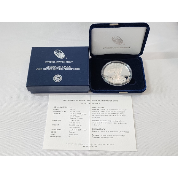 2015-W American Silver Eagle Proof $1 Coin 1 oz .999 Fine Silver w/ OGP Box & COA