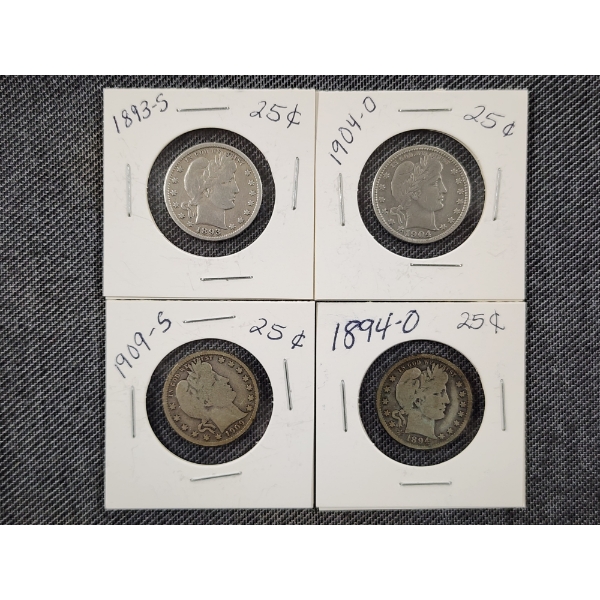 Four Assorted 90% Silver United States Barber Quarters ~ $1.00 Face Value