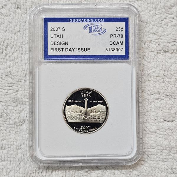2007-S 90% Silver Utah State Quarter certified as PR-70 Deep Cameo (DCAM) by IGS Grading