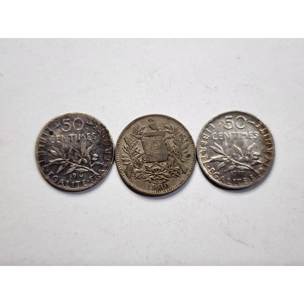 Two 1916 French 83.5% Silver 50 Centimes Coins (ASW: 0.0671oz EACH) & Guatamala 1/2 Real Copper-Nick