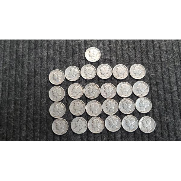 (25) Assorted Years 90% Silver Mercury Dimes Face Value: $2.50