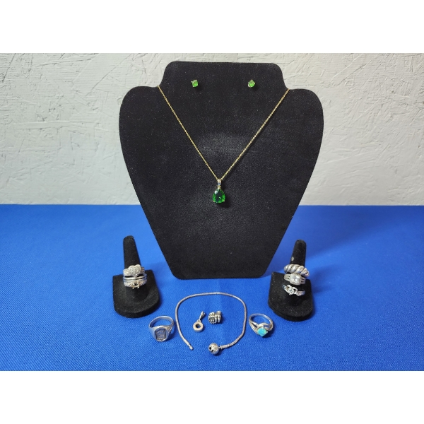 Assorted Sterling Silver Jewelry: Emerald/Gold-Tone Set, Rings, Bracelet, Charms TW: 51.4g