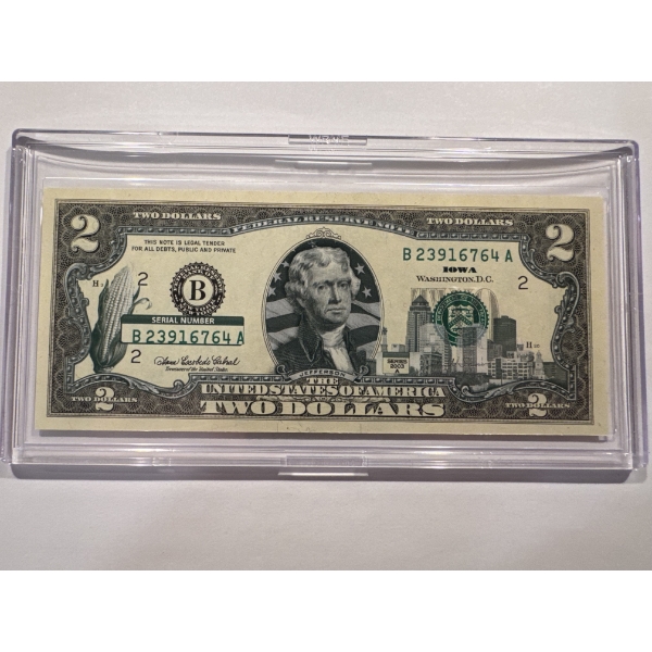 2003 United States Jefferson IOWA $2.00 Bill In Hard Case Holder - Mint Condition - RARE