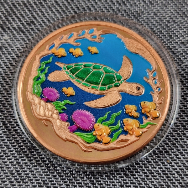 Colorized One TROY Ounce .999 Fine Copper Sea Turtle Round in Protective Capsule