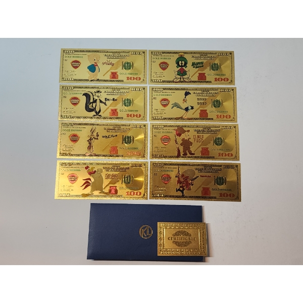 x8 Assorted Looney Tunes $100 99999999 24K Gold Foil Banknotes Set w/ CoA