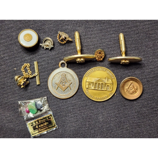 Lot of Assorted Jewelry & Coins Including Free Mason Items & Gem Stones