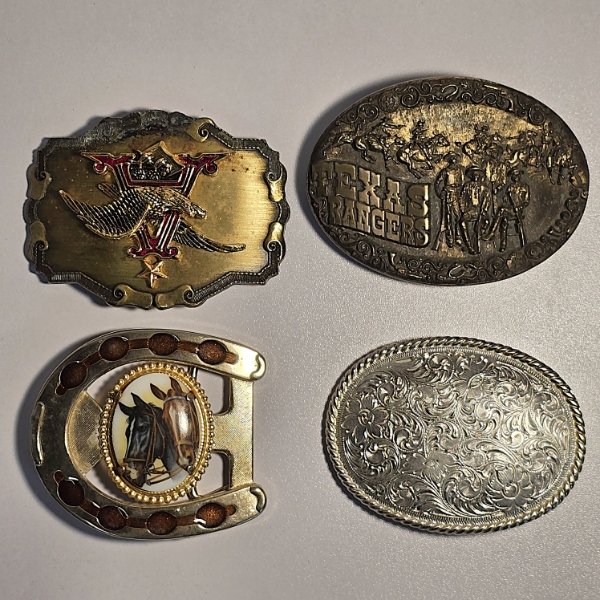 4 Belt Buckles and a Rootstown Mold & Machine Lighter