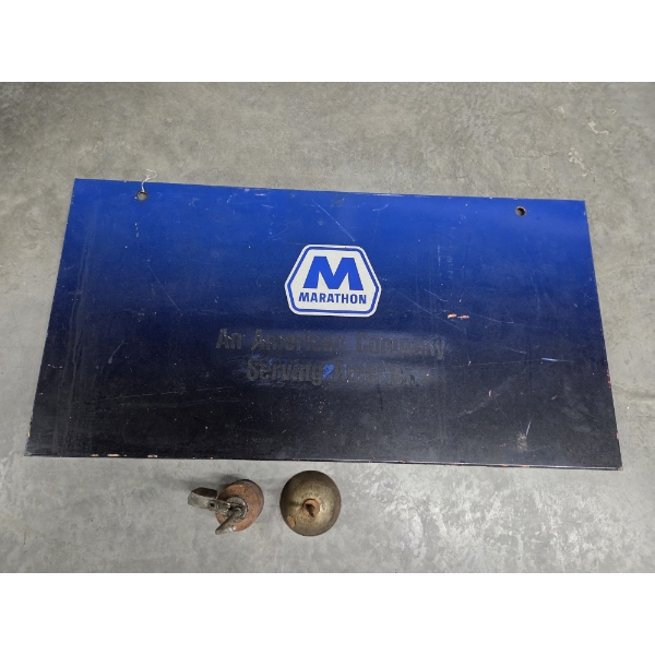 Vintage Metal 43''x22'' Marathon Pump Door And 2 Small Oil Cans -No Shipping Available