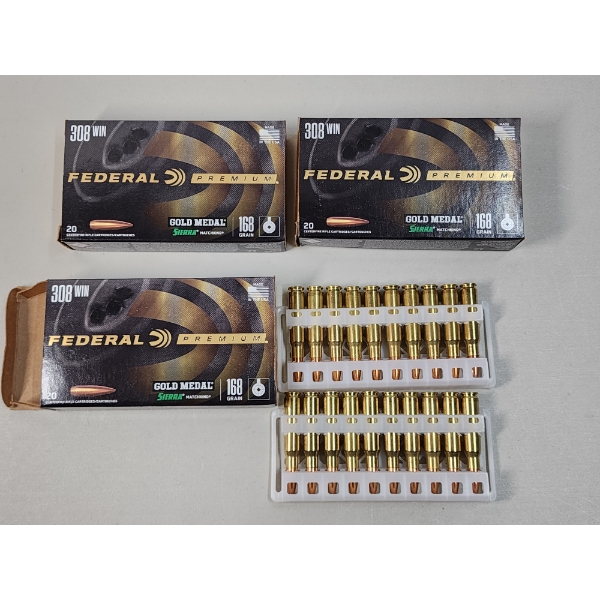 3 Full Boxes of Federal Premium Gold Medal 308 Winchester Ammunition - 60 Rounds Total
