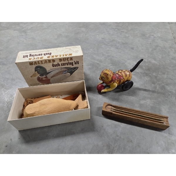 Vintage Marx Tin Cat Toy, Wooden Pencil Case & Duck Carving Kit 