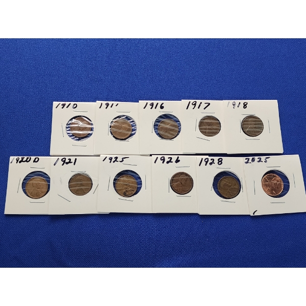 Assorted United States Lincoln Cents Including (1) 2025 Penny & (10) Assorted Years Wheat Pennies