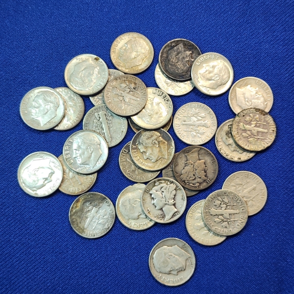 Lot of 30 Assorted Years 90% SILVER U.S. Dimes FV: $3.00