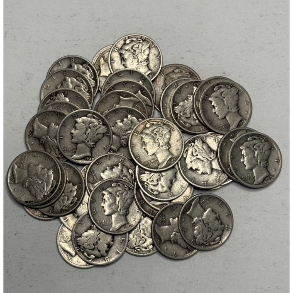 Lot of 40, 90% Silver Assorted Year Mercury Dimes, FV $4.00