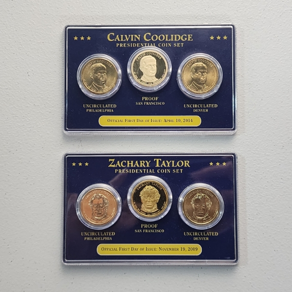 Two U.S. Presidential Dollar Coin Sets FDOI: Coolidge & Taylor - Face Value: $6.00