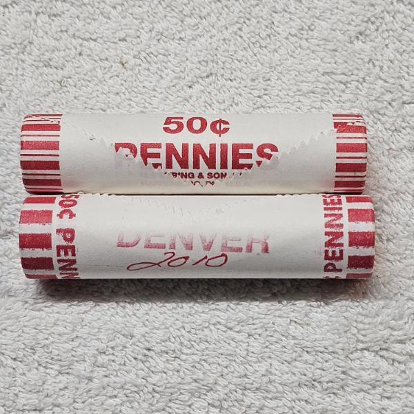 2 Rolls of Uncirculated 2010-D (Denver Minted) Lincoln Shield Pennies FV: $1.00