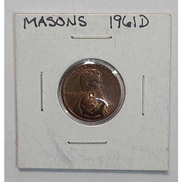 United States 1961-D Lincoln Cent With Masonic Freemason Square And Compasses Counterstamp