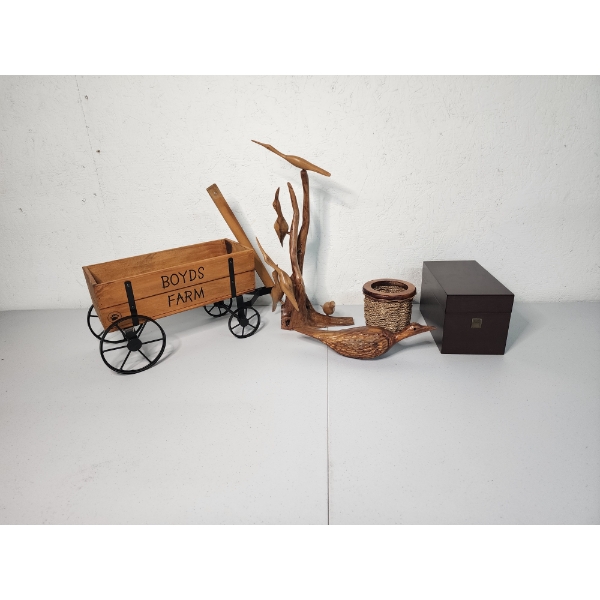 Lot of Assorted Wooden Home Decor Items: Birds Statue, Box, Pen Holder, 12" Wagon